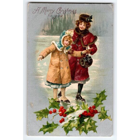 Vintage 1907 Christmas Postcard Ice Skating Children with Holly Undivided Back - Picture 1 of 2